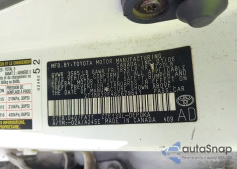 2006 Toyota Corolla Ce из США, поврежденный, VIN 2T1BR32E46C629641